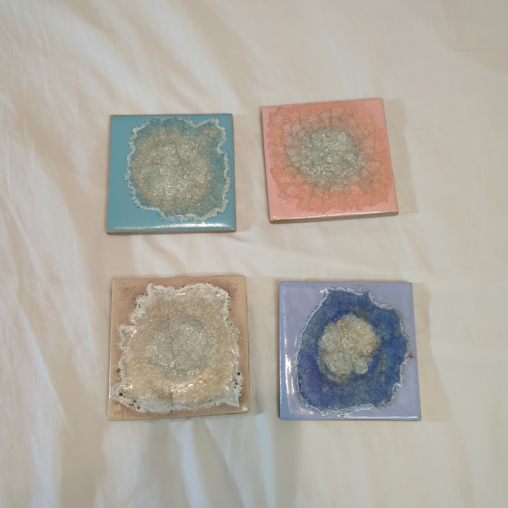 ANTHROPOLOGIE  Molten Rock Geode Crackle Coasters Pink Blue Purple Brown